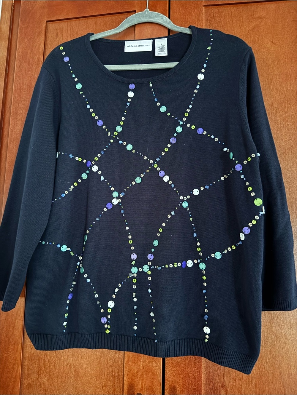 Alfred Dunner Navy Crewneck Sweater with Embellished Multicolor Pattern Beads